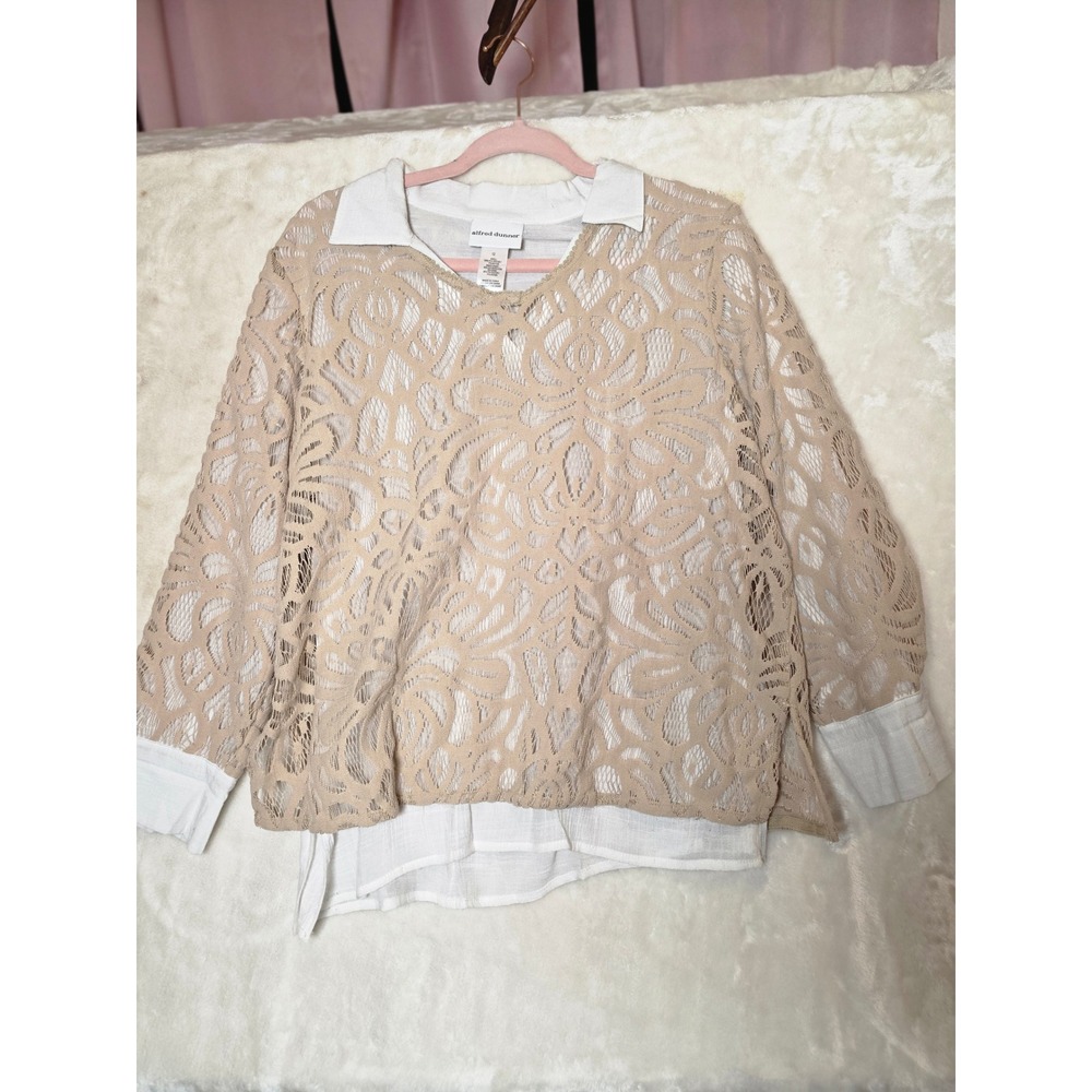 Alfred‎ Dunner Women Tan Floral Lace Layered Look Blouse White Collar Size 12